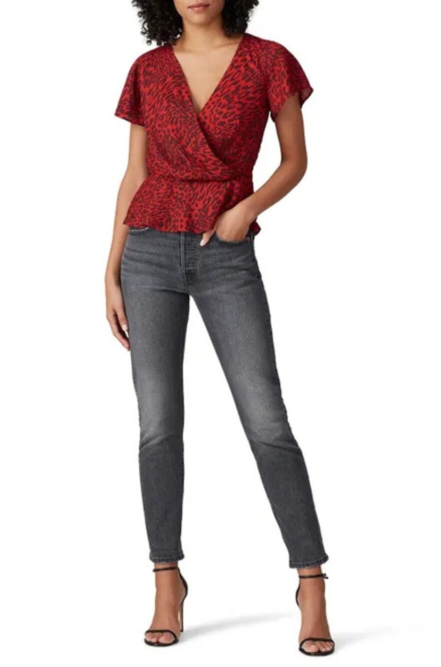 Fame & Partners Laura Top Red Leopard Print Peplum Blouse Size 6